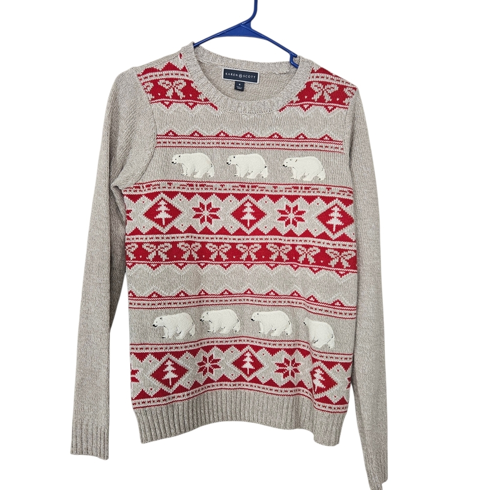 Karen Scott Gray Red Christmas Bears  Sweater Long Sleeve Suze S